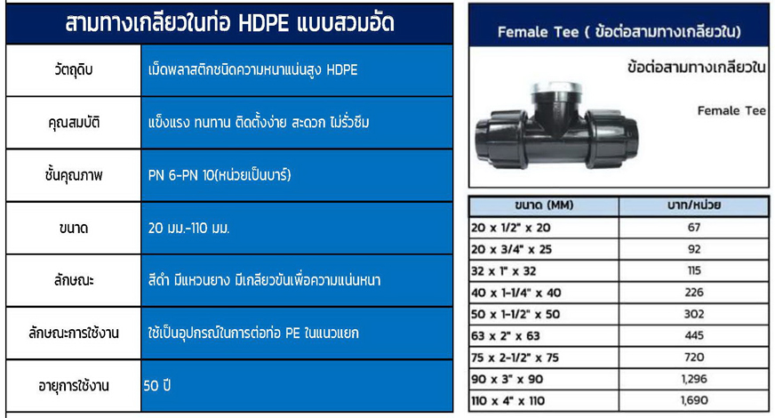 สามทางเกลียวในท่อ PE แบบสวมอัด,สามทางเกลียวในท่อ HDPE ระบบสวมอัด,ข้อต่อท่อ PE,ข้อต่อท่อ HDPE,ข้อต่อท่อ PE,ท่อ PE,ท่อ HDPE